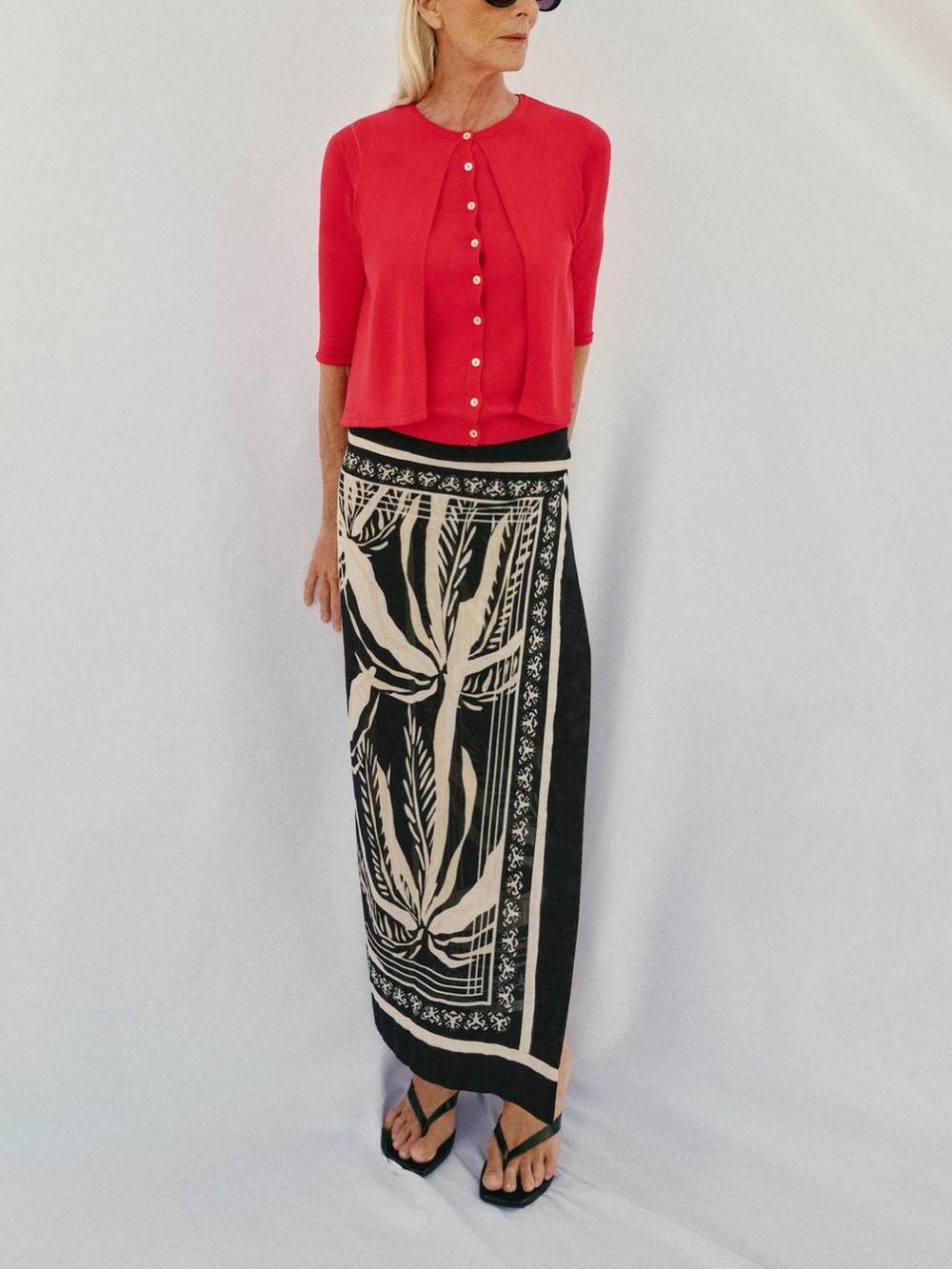 Black and Cream Botanical Print Wrap Pareo Skirt